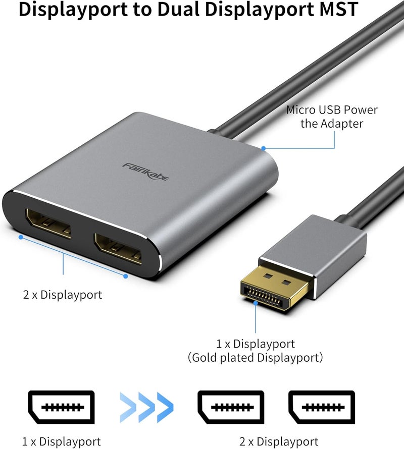 fairikabe Store محول موزع DisplayPort إلى Dual DisplayPort 4K60Hz لشاشة مزدوجة، محول DisplayPort MST لتوسيع العرض 1 في 2 خارج، مركز DisplayPort لجهاز الكمبيوتر المكتبي واللابتوب - Image 3